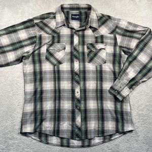 Vintage Wrangler‎ Western Pearl Snap Shirt Plaid Green Gray Long Sleeve Cowboy